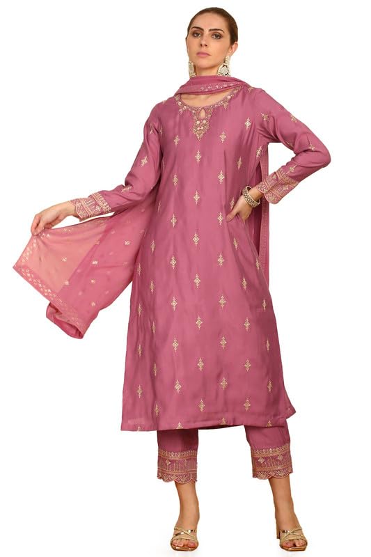 Soch Womens Onion Pink Ethnic Motifs Embroidered Chanderi Suit Set