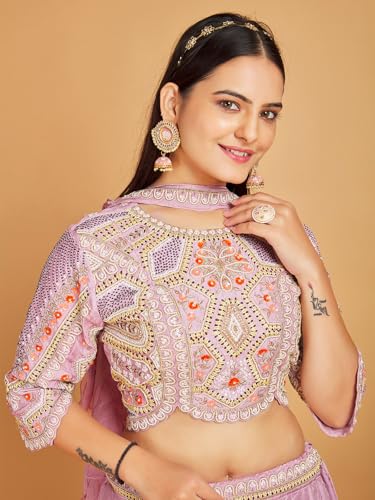 Woman's Pink silk lehenga choli with choker dupatta