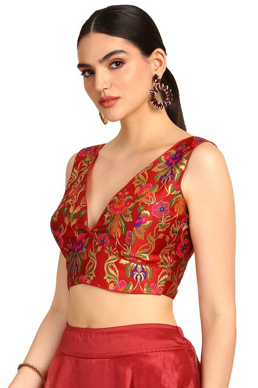 Soch Womens Maroon Floral Plunge Neck Silk Blend Padded Blouse