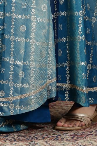 Aurelia Women's Blue Printed Zari Embroidered Crop Top, Brocade Flared Skirt and Dupatta Set