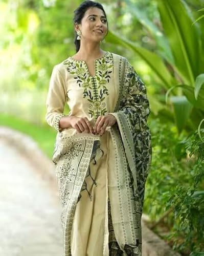 Kurthnic Women South Cotton Embroidered Kurta with Pant & Dupatta Green 4XL