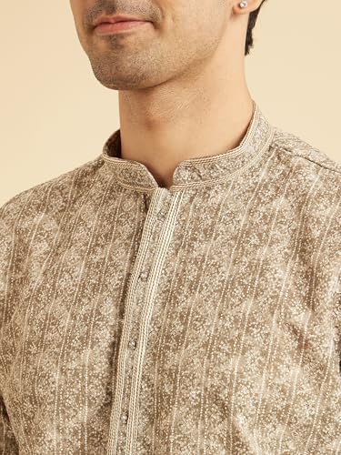 Manyavar Men's Cotton Blend Bandhani Prints & Sequined Kurta Pajama Set (Olive Green,S)