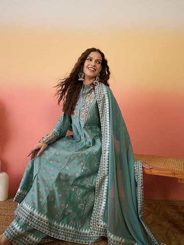 AVYUKTHA Silk Kurta Palazzo & Dupatta Set For Womens | Regular Fit | 3/4 Sleeve | V Neck | Printed Embroidery | Lightweight & Comfortable | Ethenic Dress | Ideal For Weddings & Parties | M | Teal