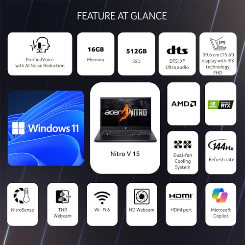 Acer NITRO V 15, AMD Ryzen 7-7735HS octa-core processor, NVIDIA GeForce RTX 4050- 6 GB GDDR6(16GB DDR5, 512GB)IPS FHD, 15.6"/ 39.62cm, 144Hz, Win 11 Home, Obsidian black, 2.1KG, ANV15-41 Gaming Laptop