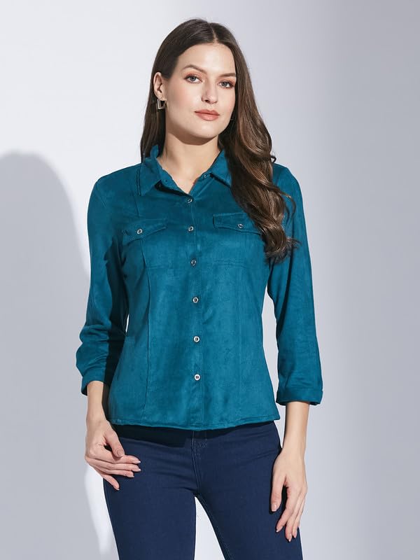 Latin Quarters Women Teal Shirt Collar 3/4 Sleeve Solid Shirt_L