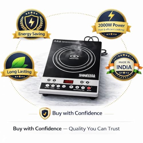 Induction Cooker Model 1963 | 2000W Smart Cooktop | 7 One-Touch Preset Modes — Hot Pot, Fry, Hot, Water, BBQ, Soup | Military-Grade Crystal Glass Surface | BIS ISI Certified | Made in India