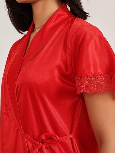 Clovia Women's Satin Solid Short Night Dress & Robe (NS1054P04_Red_S)