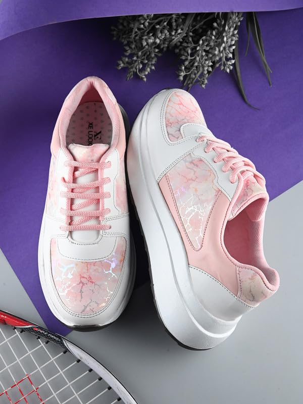 XE Looks Women Pink Printed Lace-Up Sneakers | Comfortable Lightweight Soft Sole Casual Shoes for Girls | Fashionable, and Stylish Design Footwear | Ideal for Walking, Running and Daily Use