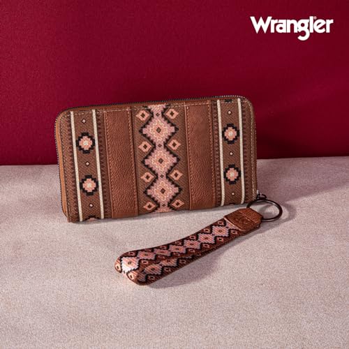 Wrangler Wallet Purse for Women Western Aztec Clutch Wristlet Wallet with Credit Card Holder, Dark Brown, Wallet