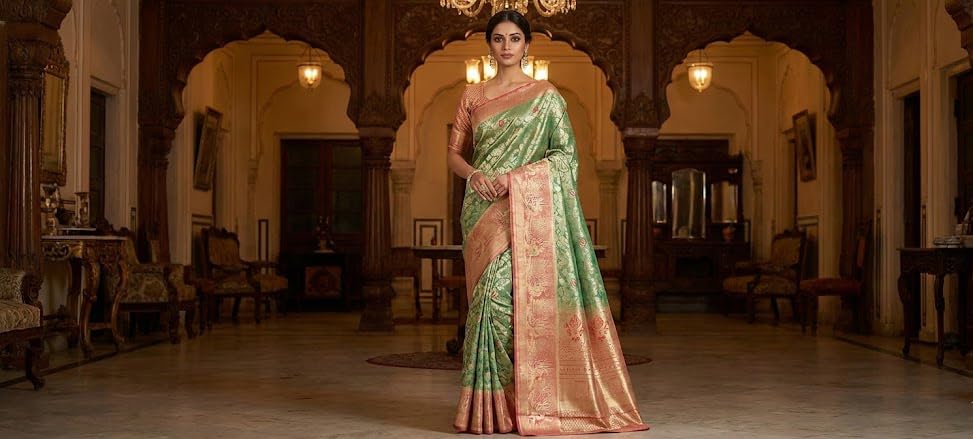 VFCollections Women's Kanchipuram Silk Pure Pattu Sarees – Peacock Border with Blouse (VFC694-3)