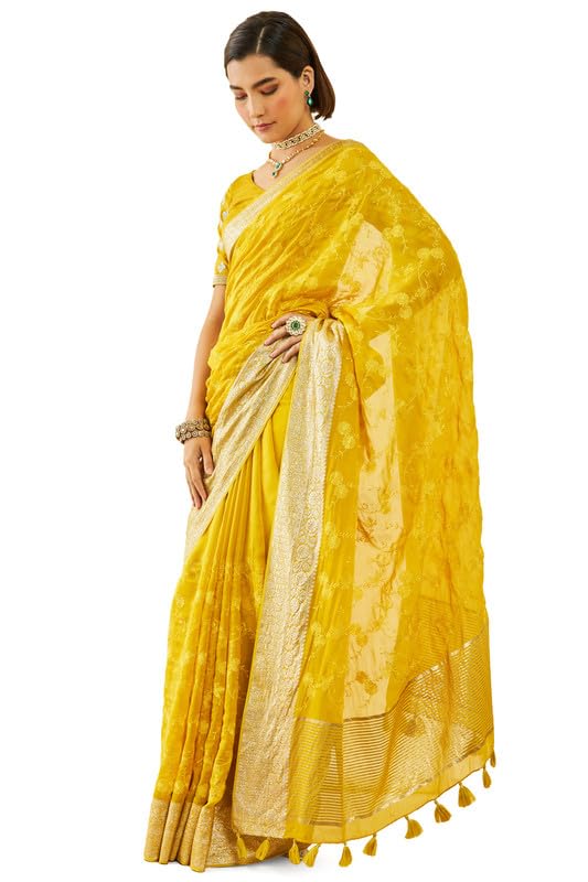 Soch Womens Yellow Organza Embroidered Saree with Thread Work(8907175714638)