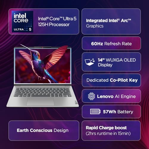 Lenovo IdeaPad Slim 5 Intel Core Ultra 5 125H Built-in AI 14" (35.5cm) WUXGA-OLED 400Nits Thin & Light Laptop (16GB/1TB SSD/Win 11/MSO 21/FHD+IR Cam/1Yr ADP Free/Grey/1.4Kg), 83DA008VIN