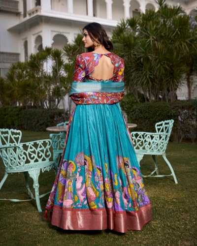 FIBREZA Women's Tussar Silk Lehenga Choli Set Semi-Stitched | Patola Print with Foil Work | Unstitched Blouse | Designer Ethnic Wear for Navratri, Wedding, Festival Prewedding Photoshoot (Rama)