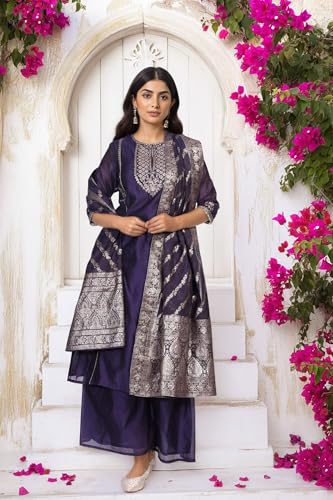 W for Woman Purple Zari Embroidered A Line Kurta with Flared Pant and Dupatta Set (WS13285-224374-XS)