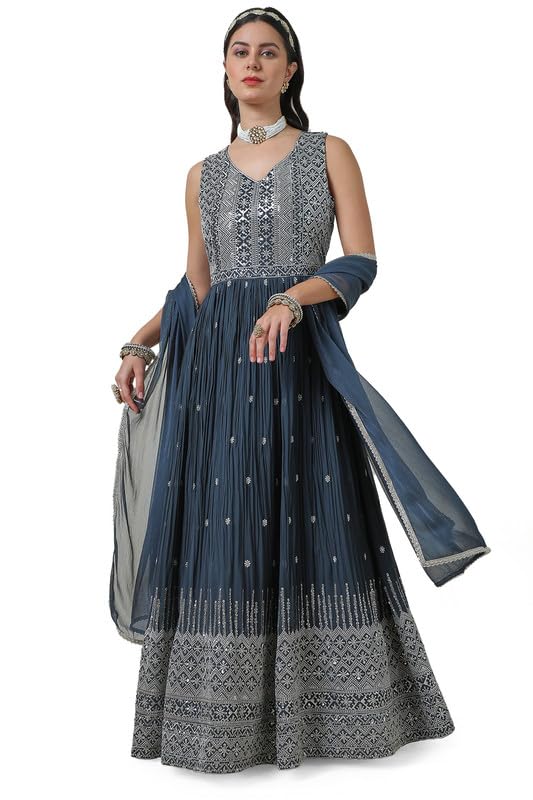 Soch Womens Grey Georgette V Neck Gown with Sequins