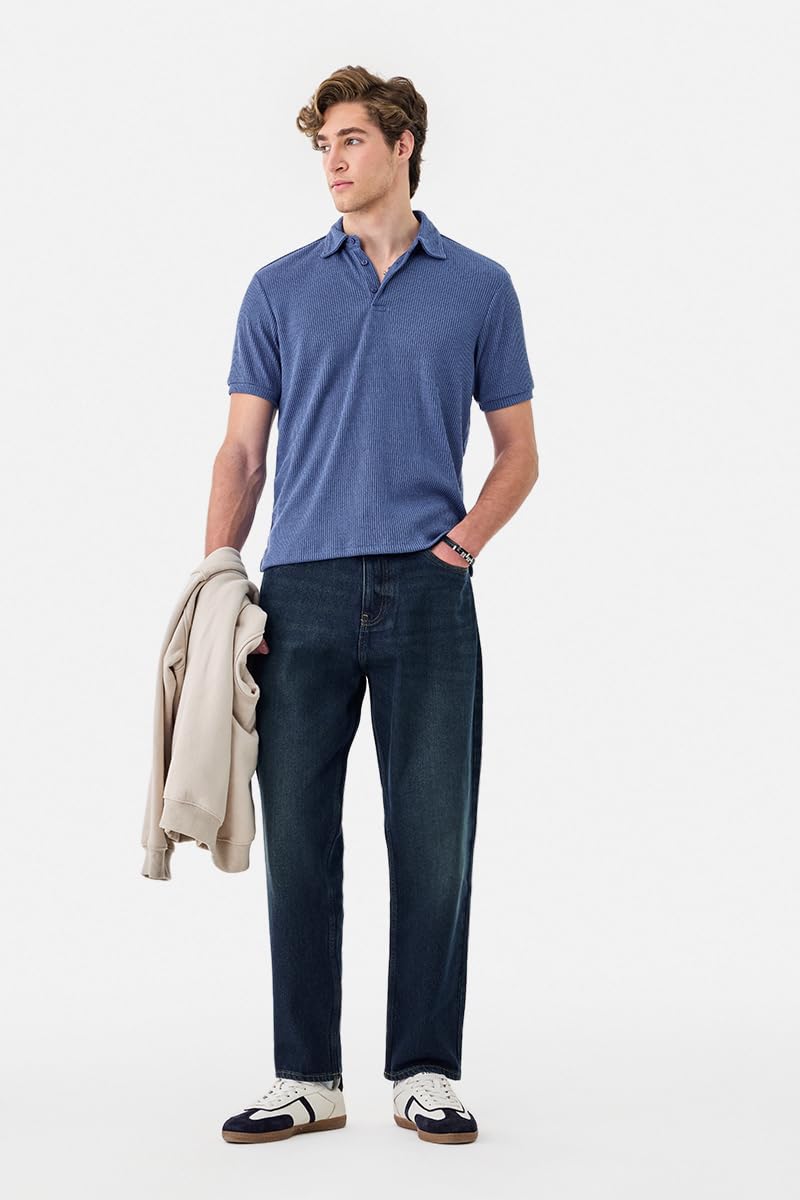 SNITCH Men's T-Shirt | Ribbed Texture Polo Neck & Half Sleeve | Breathable Polyester Blend Stretch Fabric, Regular Fit for Versatile Casual Wear & Everyday Style | Blue