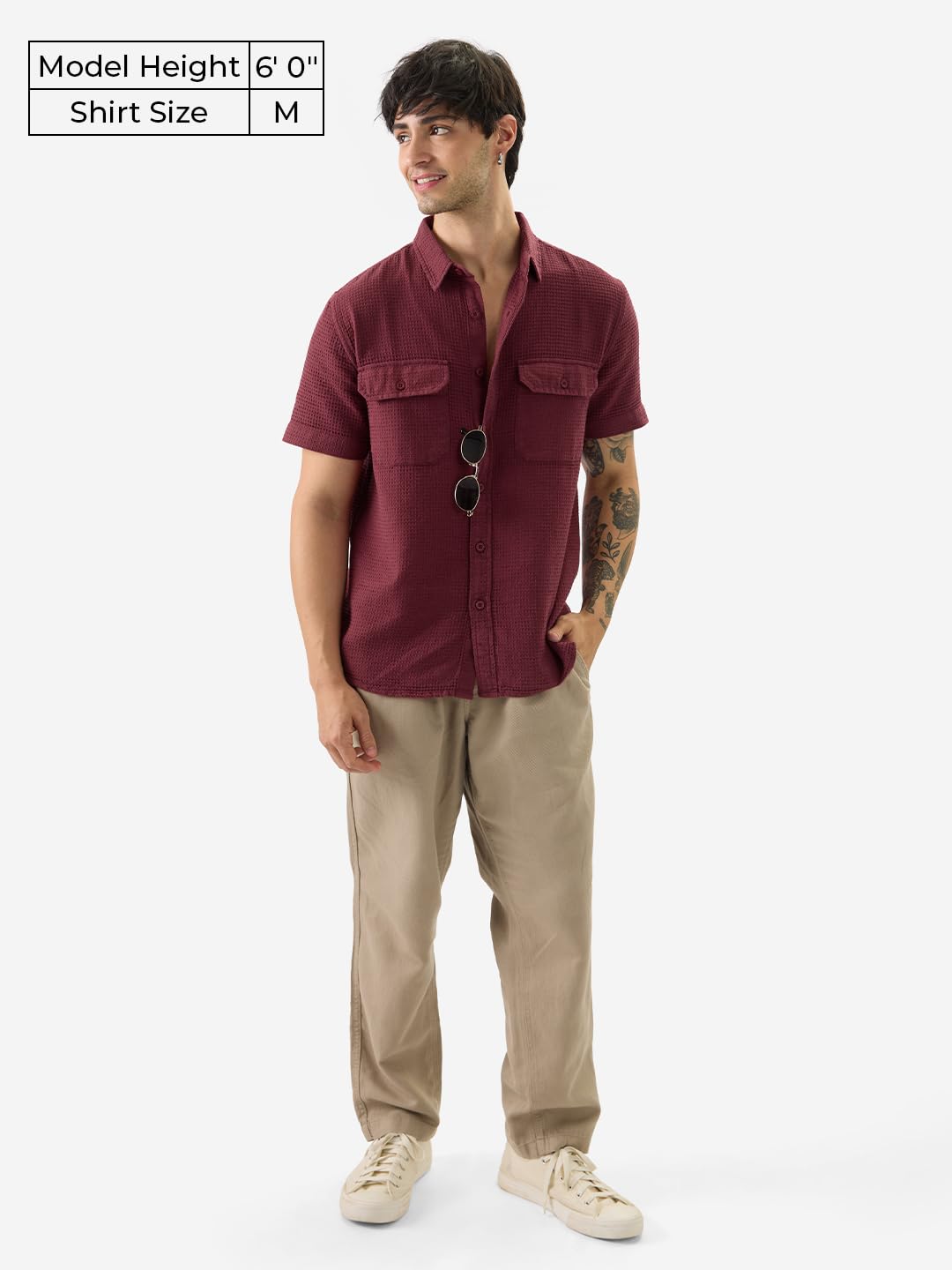 The Souled Store Solids: Burgundy Men and Boys Short Sleeve Collared Neck Button Front Cotton Relaxed Fit Shirts