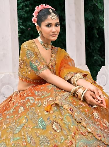 Designer Bridal Lehenga Choli Set, Orange and Gold Ombre with Floral Embroidery