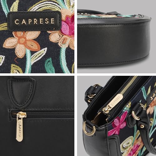 Caprese Elsa Medium Satchel Bag for Women with Adjustable & Detachable Strap | Elegant Embroidery Faux Leather Handbag | Multi-Compartment Crossbody Shoulder Bag for Special Occasions (Black)