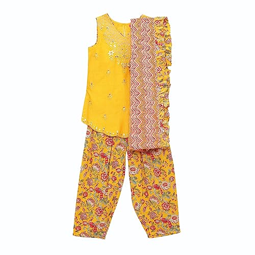 BIBA Girl Printed Polyester A_Line Kid(Kw5123_Yellow_9), Kurta Dhoti Suit Set