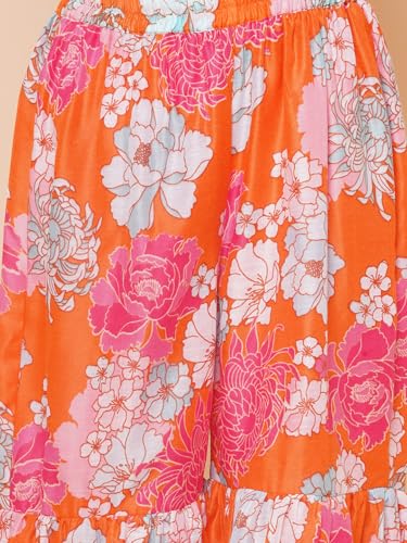 Bitiya By Bhama Girls Orange Floral Printed Angrakha Anarkali Kurta & Sharara With Dupatta(TKS141)