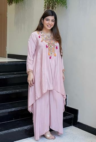 AVYUKTHA | Women Ethnic Motifs Embroidered Empire Kurta Set with Trors & Dupatta | Thread Work Fit Ethnic for Women | Pink | Size- XL