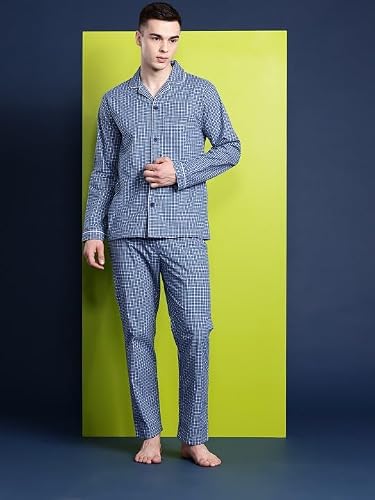 Hancock Men Cotton Checked Night Suit Blue Size S