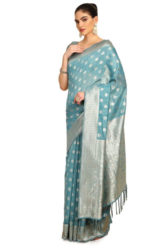 Soch Womens Turquoise Blue Tussar Woven Design Saree With Tassels