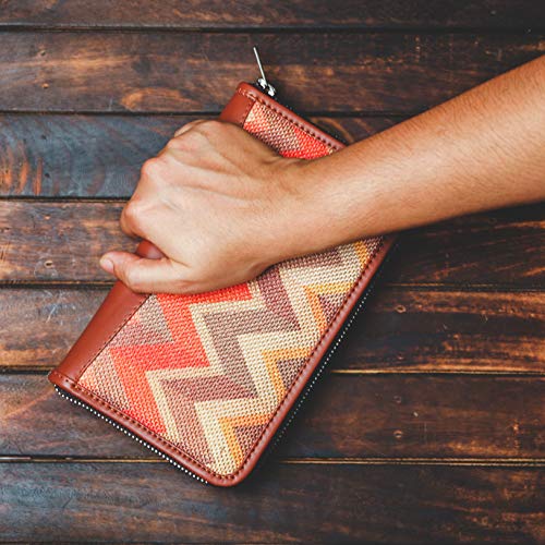 ZOUK Wallets for Women - Handmade Wallets for Females - Vegan Leather and Jute Purse for Ladies - Clutch with Indian Print - Wallets for Mobile Phones - Tidal Wave Print