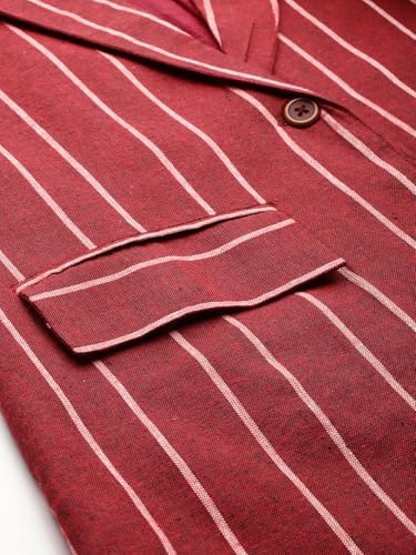 Cottinfab Women Maroon & White Striped Single-Breasted Pure Cotton Casual Blazer