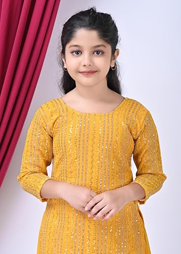 SPAMitude - Georgette Sequin Lehenga Kurta, Skirt and Dupatta Set for Girls – Ethnic Party Dress I Birthday Dress I Trendy Classic I Round Neck Full Sleeves (Yellow, 4 to 5 Years)