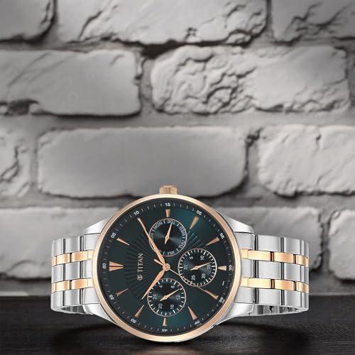 Titan Regalia Opulent LII Quartz Multifunction Teal Green Dial Two Toned Silver and Rose Gold Stainless Steel Strap Watch for Men - NT90127KM02