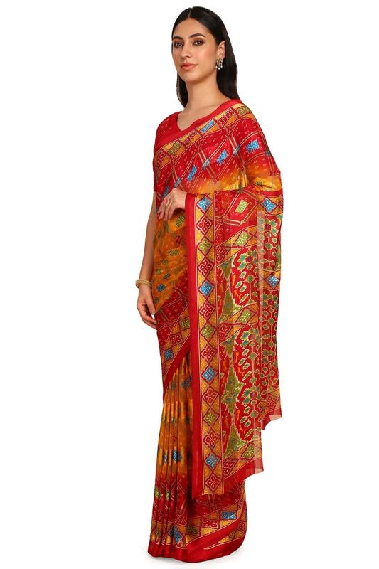 Soch Womens Mustard Chiffon Bandhani Print Saree