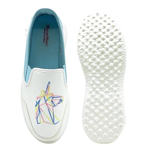KazarMax Boys & Girls White Blue Unicorn Embroidery Comfortable Sneaker Shoes - 10 Kids UK