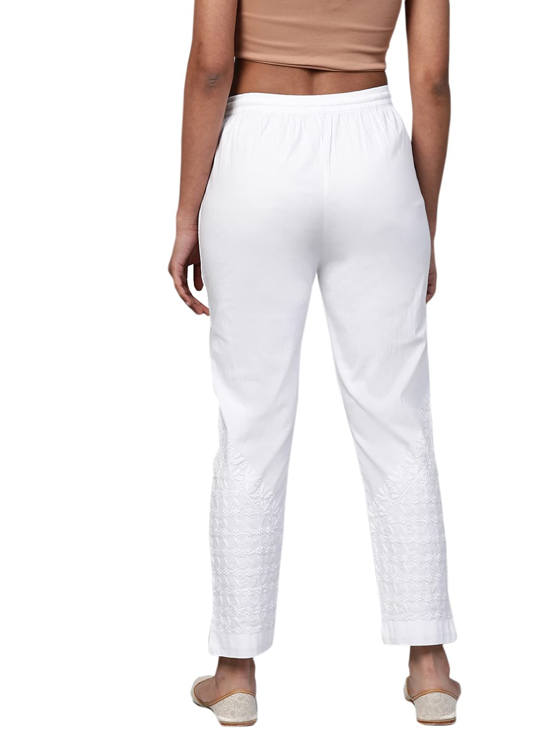 Ada Hand Embroidered Lucknowi Chikankari Straight White Cotton Palazzo Pant Trouser for Womens A711127 (2XL)