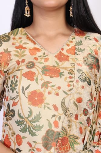 W for Woman Off-White Floral Printed Lace Trim Straight Tissue Kurta with Straight Pant and Dupatta Set (WS13276-126620-XS)