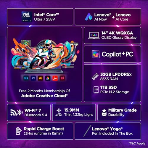 Lenovo Yoga 9 2-in-1 Aura Edition Intel Core Ultra 7 258V (32GB RAM/1TB SSD/14 (35.5cm)/4K WQUXGA OLED/47 Tops NPU/Copilot+PC/Windows 11/Office Home 2024+AI Now/Yoga Pen/Blue/1.3Kg), 83LC001FIN