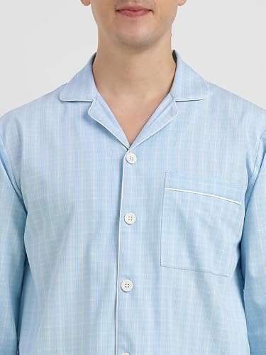 Hancock Men Cotton Checked Relaxed Fit Night Suit Blue Size S