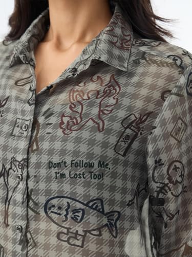 The Souled Store Sheer Shirt: Mystique Women and Girls Full Sleeves Spread Collar Grey Graphic Printed Polyester Regular Fit Lightweight Sheer Casual Shirt