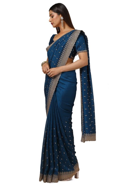 Soch Womens Blue Tussar Embroidered Saree With Stone Work