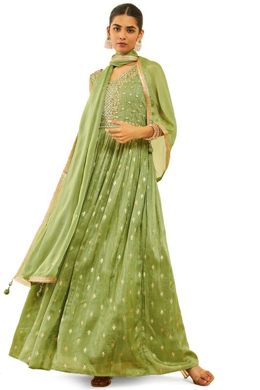 Soch Womens Green Organza Woven Design Ethnic Gown with Mirrors