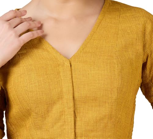 Studio Shringaar Women's Madras Handloom Cotton Side Stretchable (Smocked) Readymade Saree Blouse (Yellow, 46)