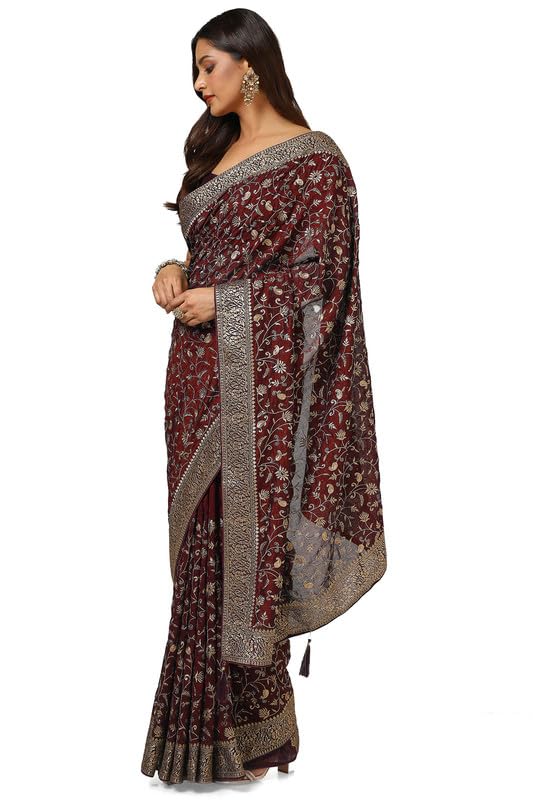 Soch Womens Maroon Tussar Embroidered Saree With Stone Work