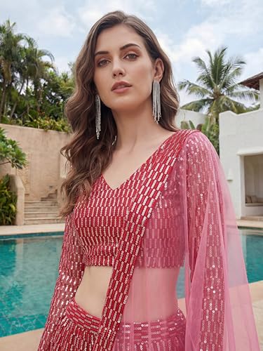 Zeel Clothing Women's Sequins Embroidered Work Soft Net Lehenga Choli with Dupatta (7310-Pink-Wedding-Lehenga-Choli; Free Size) (Pink)