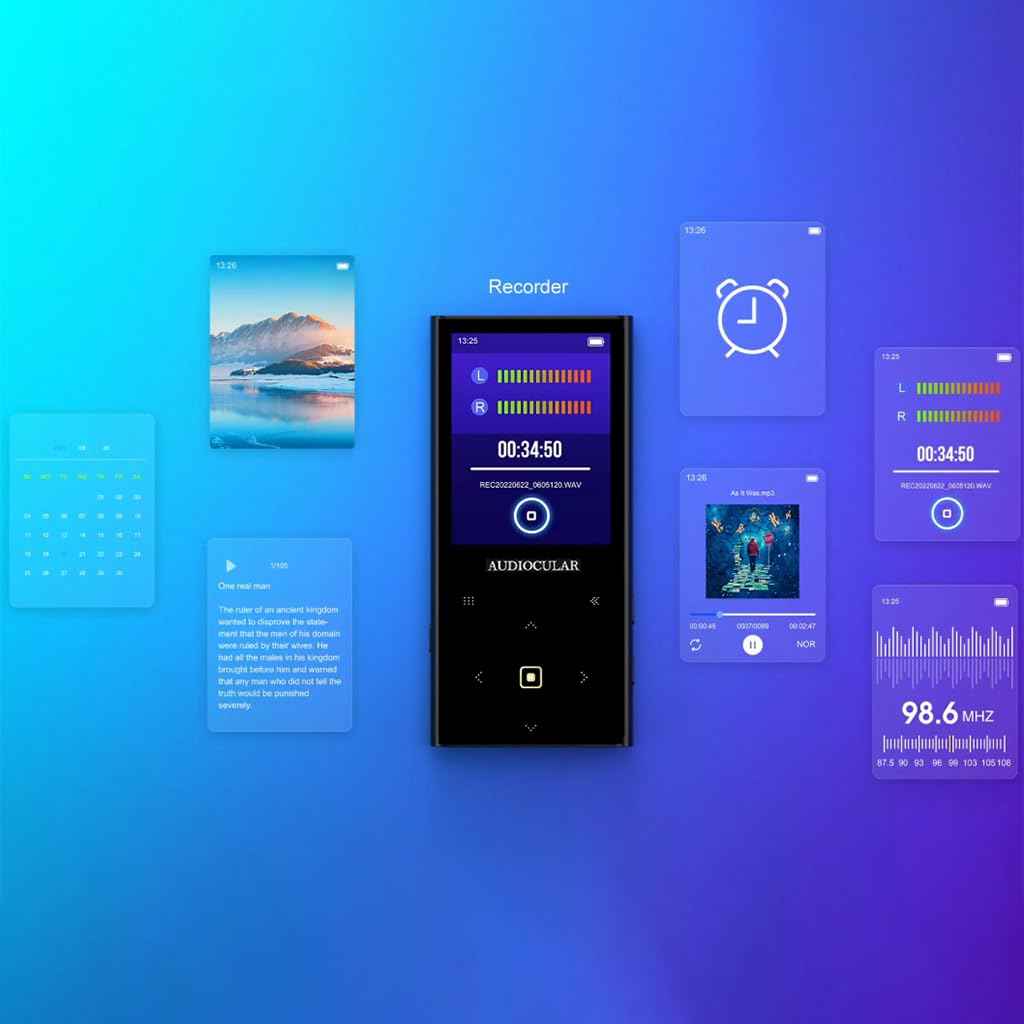 AUDIOCULAR M21 16GB Portable Mp3 Music Player with Bluetooth, 2.4” LCD Touch Screen, Video Playback, Built-in Speaker, Voice Recording Function Mini HiFi Player, Ideal for Travelling (16GB - Black)