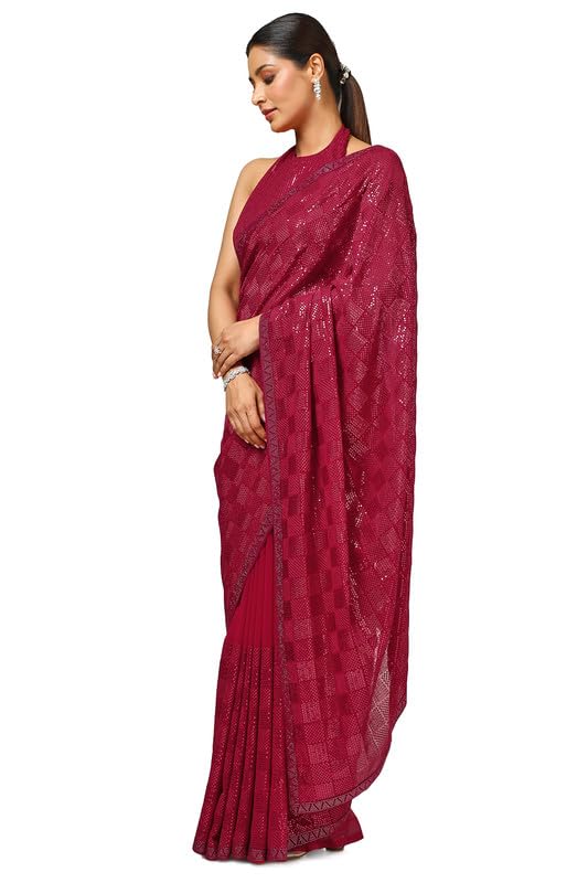 Soch Womens Fuchsia Georgette Embellished Saree With Sequins