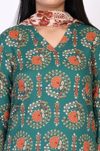W for Woman Green Floral Printed Rayon Straight Kurta with Straight Pant and Dupatta Set (WS13526-127092-L)