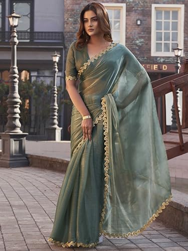 Womanista Women's Two toned jimmy choo saree with brocade blouse and embroidered lace(TI6867_olive green_Onesize)