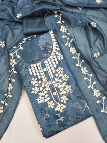 Leeli Peeri Designer Women's Chanderi Embroidery Work Unstitched Salwar Suit Dress Material