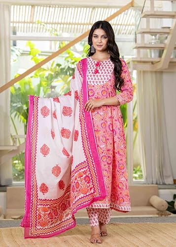 Pistaa's Women Cotton Anarkali Flair Suit Set (IN, Alpha, XS, Regular, Pink)
